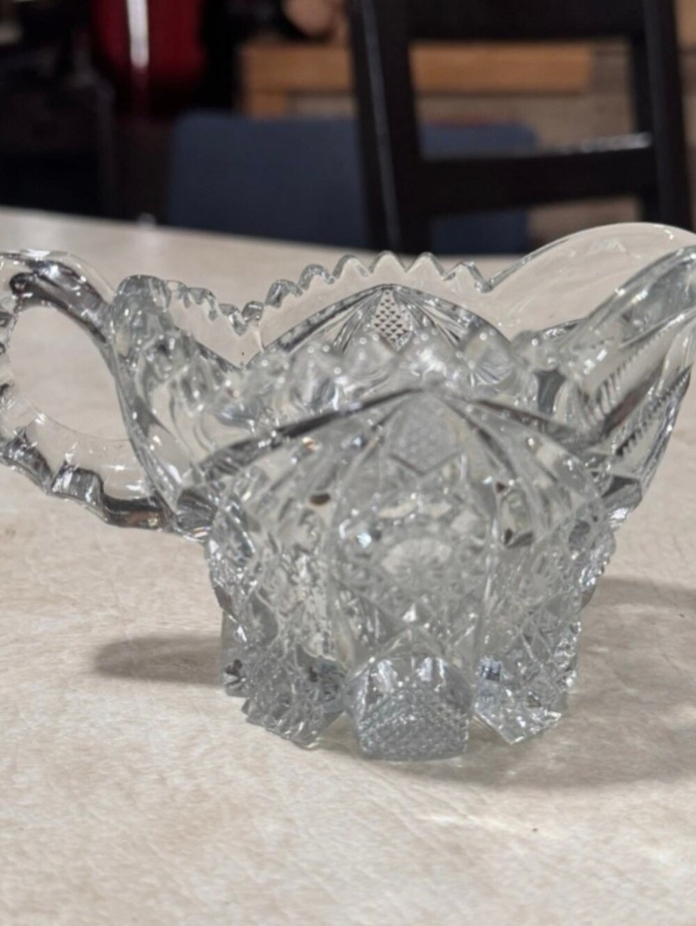 Vintage Imperial Clear Pressed Glass Creamer Flower design 5 1/2” X 31 /2”  X 3”